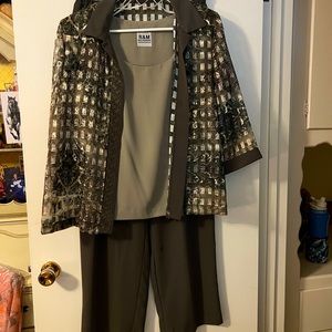 Green three-piece outfit. Shell, jacket, and pants. olive green